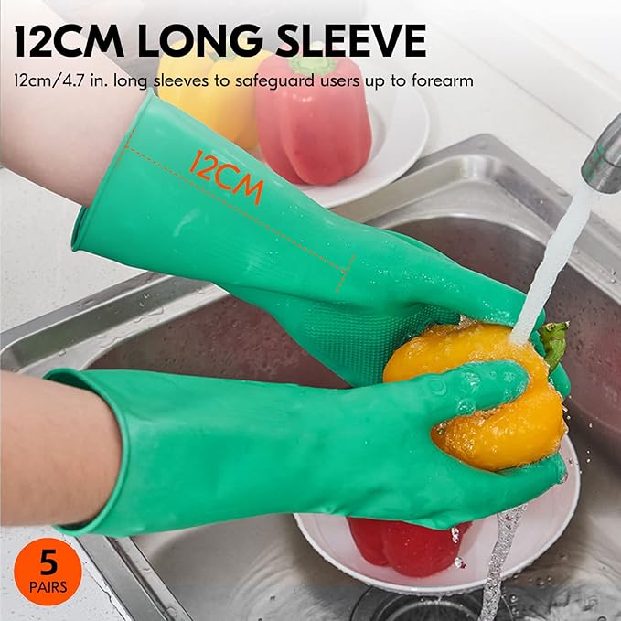 Vgo... 5-Pairs Reusable Household Gloves, Rubber Dishwashing gloves, Extra Thickness, Long Sleeves, Kitchen Cleaning, Working, Painting, Gardening, Pet Care (Size M, Green, HH4601)