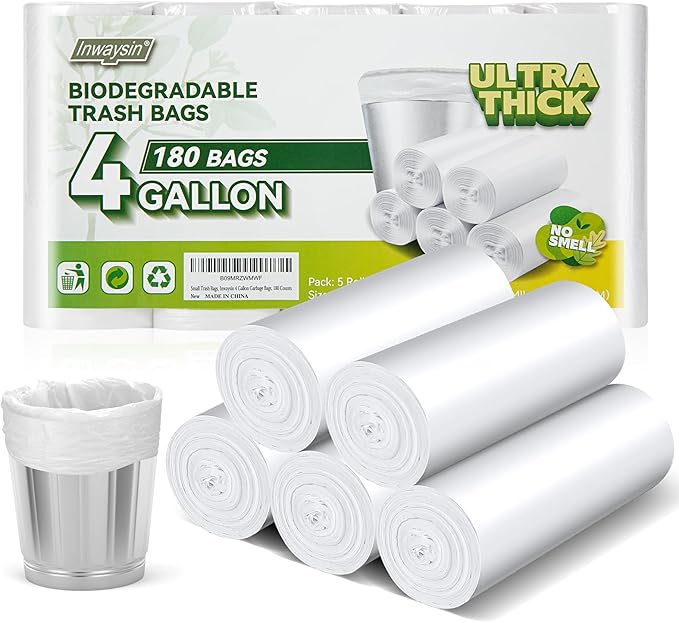 Inwaysin 4-6 Gallon Small Trash Bags Biodegradable 180 Counts, Ultra Thick & Strong 4 Gallon Trash Bag, Unscented Small Garbage Bags, Easy Tearing Waste Basket Liners for Bathroom, Bedroom, Office