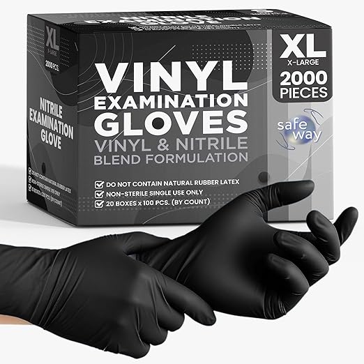 Nitrile-Vinyl Blended Disposable Gloves, Powder-Free & Non-Latex Gloves, 2000, Protective Gloves for Medical Exams, Cooking & Household Cleaning, 4 Mil Thick Non-Sterile Secure Grip Black, X-Large