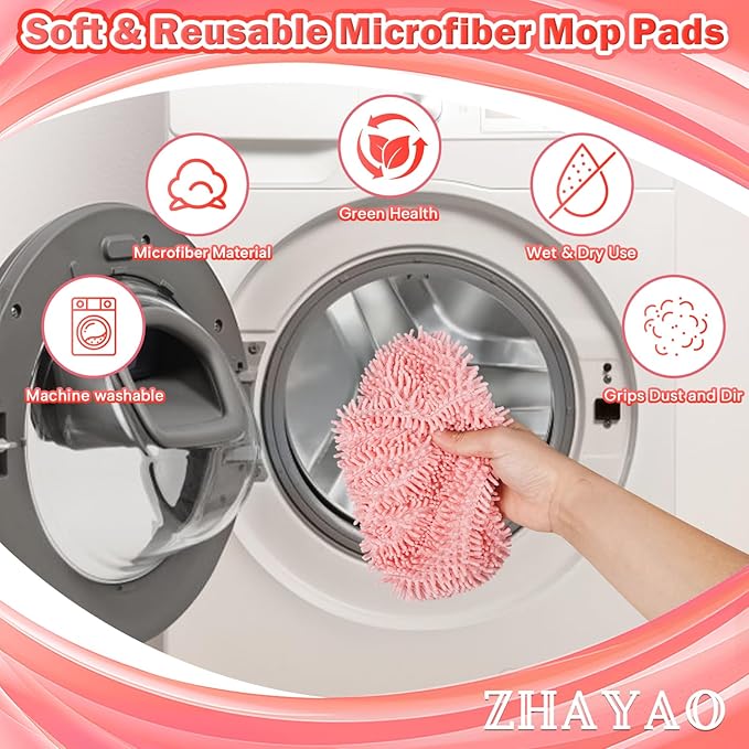 Reusable 100% Coral Fleece Mop Pads Compatible with Swiffer Sweeper Mop, Pink, Wet and Dry Flat mop Cover, 3 Pack Washable Mop Pads for Surface/Hardwood Floor Cleaning (Mop is Not Included)