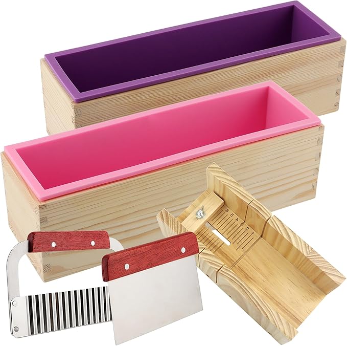 ZOENHOU 7PCS 42oz Soap Molds with Stainless Steel Wavy Slicer and Straight Slicer, Soap Loaf Bar Rectangular Silicone Soap Making Molds Kit with Wood Box DIY Tool Set for Soap Making Supplies