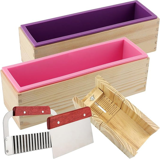 ZOENHOU 7PCS 42oz Soap Molds with Stainless Steel Wavy Slicer and Straight Slicer, Soap Loaf Bar Rectangular Silicone Soap Making Molds Kit with Wood Box DIY Tool Set for Soap Making Supplies