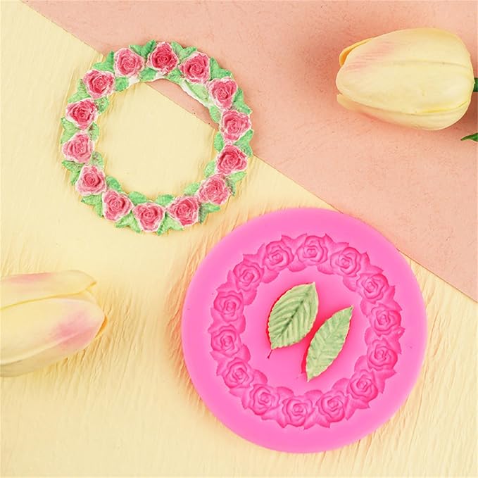 2pcs Round Rose Wreath Leaves Fondant Chocolate Candy Silicone Mold Cake Decorating Baking Pastry Tools Soap Resin Polymer Clay Mould