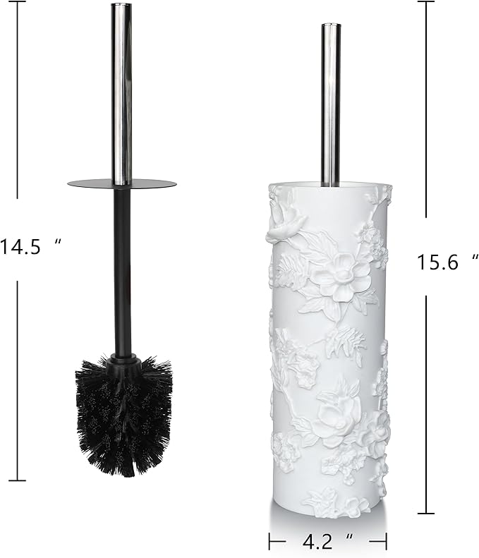 White Floral Branches Design Resin Toilet Bowl Brush and Holder Set, Elegant Bathroom Cleaning Tool with Durable Bristles, Compact and Functional