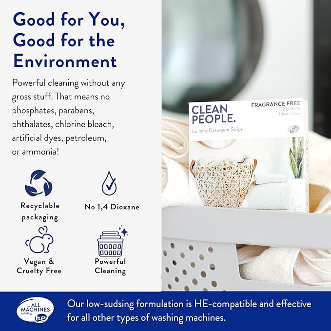 The Clean People Unscented Baby Laundry Detergent Sheets - Hypoallergenic - Ultra Concentrated, Recyclable Packaging, Fights Stains & Odors on Baby Clothes & Bedding - Fragrance Free, 32 Pack