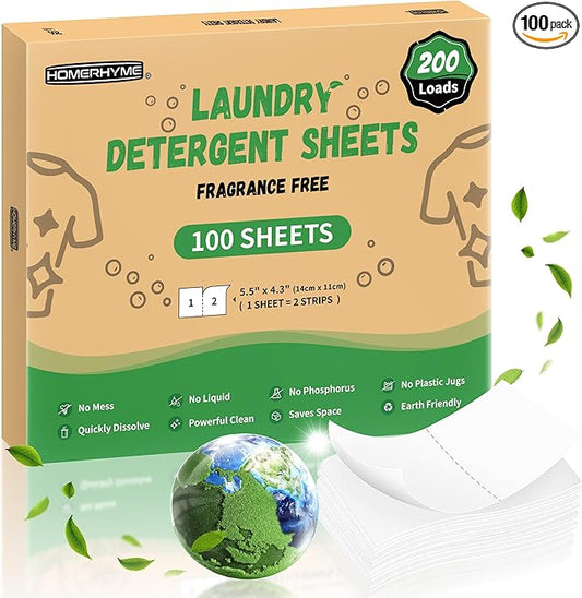 HOMERHYME Laundry Detergent Sheets - 200 Loads Unscented Travel Laundry Detergent, Eco Friendly & Hypoallergenic Cloth Washing Detergent Soap Sheets, Suitable for Sensitive Skin