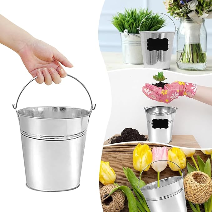 Set of 12 Pcs Galvanized Metal Buckets with Chalkboard Stickers,5 Inch Tin Buckets, Small Galvanized Pail for Backyard Decoration,Garden Planters