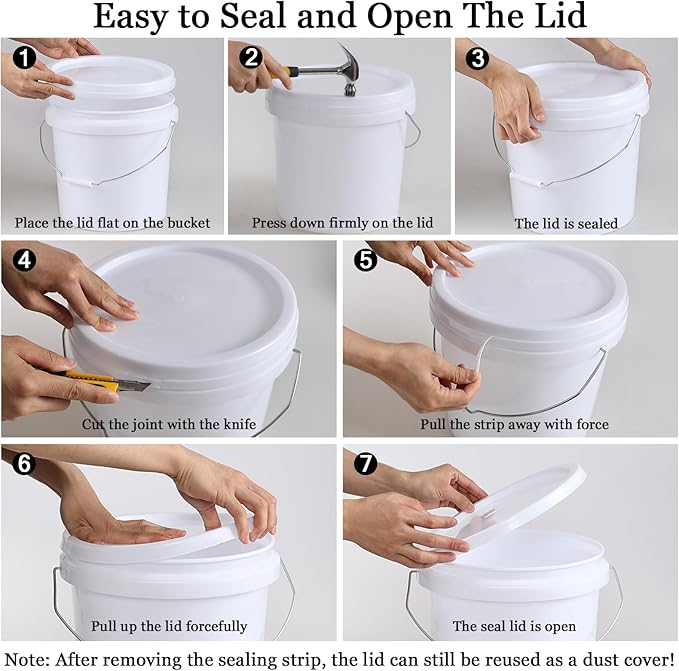 Ramddy 4 Gallon Airtight Round Storage Bucket Pails, 6 Packs Food Grade Storge Buckets with Handle, White