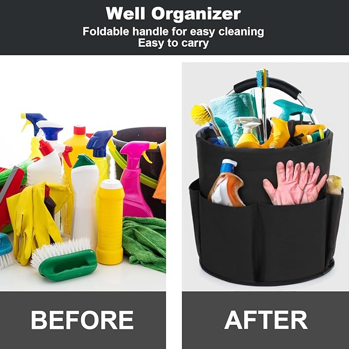 Cleaning Caddy with Handle, Cleaning Products Organiser, 17L Foldable Storage Basket, Cleaning Caddy Organiser, Portable Multi Cleaning Bucket Bag for Home, Garden (Black)