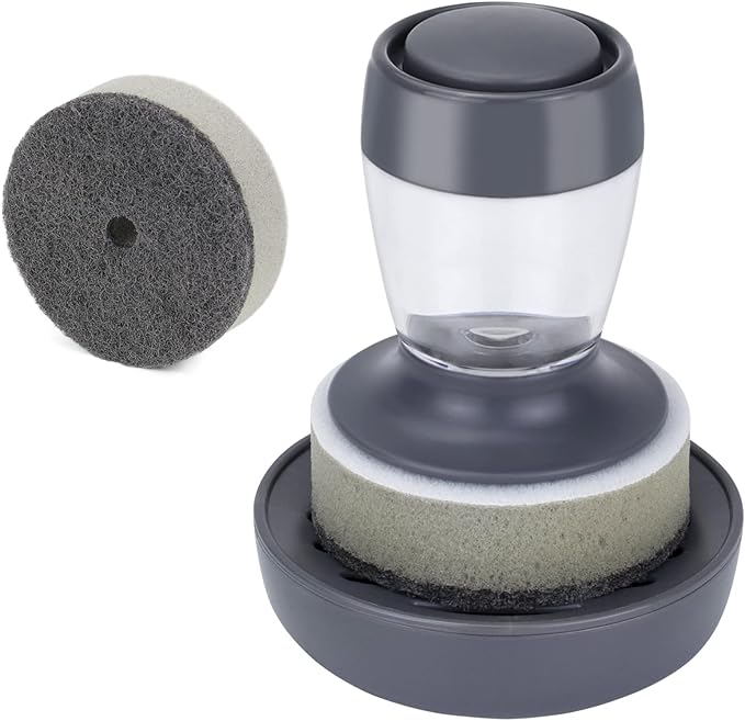 Dish Brush with Soap Dispenser, Kitchen Scrub Brush for Dishes Pots Pans Sink Cleaning, Scrub Sponge Dish Scrubber with Holder Set (Grey Handle & Scrub Sponge)