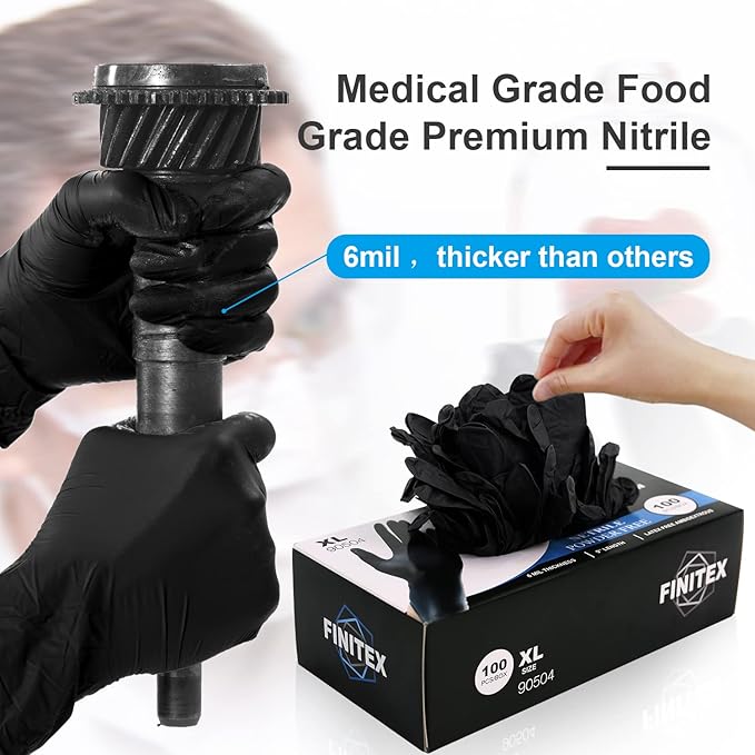 FINITEX Black Nitrile Disposable Medical Exam Gloves - 100/1000 PCS 6.3mil Gloves Powder-Free Latex-Free Food Gloves