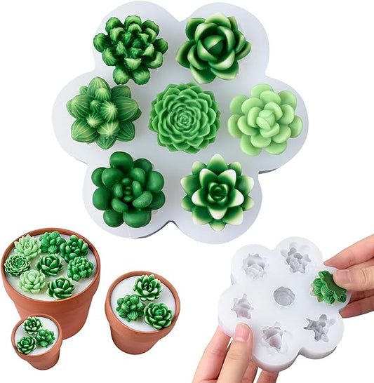 Succulent Candle Molds for Candle Making 7 Cavity 3D Succulents Silicone Wax Mold DIY Handmade Cactus Plant Flower Art Craft Mould Epoxy Resin Casting Soap Cement Concrete Ornament Moulds Home Decor