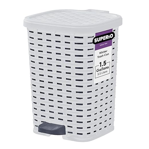Superio Small Outdoor Trash Can with Lid for Dog Poop 1.5 Gallon/6 L Mini Plastic Garbage Can with Foot Pedal for Bathroom, Bedroom, Office, Patio, Wicker Smoke