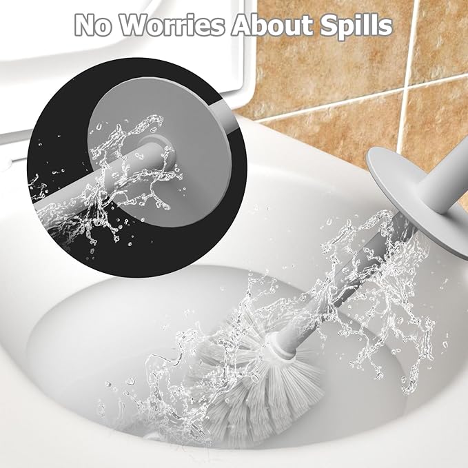 Topsky 2 Pack Compact Toilet Brush & Holder Set, Plastic Round Barrel Loo Brush with 2 Replacement Toilet Brush Head, Durable for Bathroom Toilet, Gray