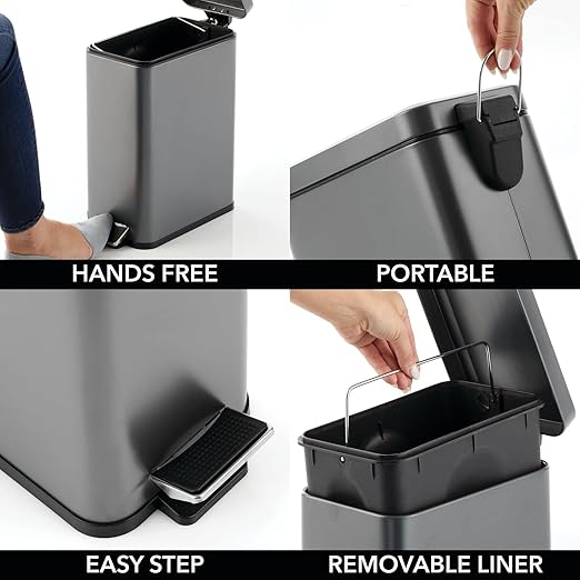 mDesign Pedal Bin — Waste Bin with Pedal, Lid and Plastic Bucket Insert for Bathroom, Kitchen, and Office — Metal Household Rubbish Bin with Ergonomic Design — Dark Grey