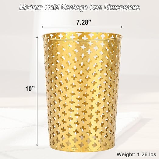 Metal Gold Trash Can, 7.28" D x 10" H Modern Cylindrical Gold Garbage Can, Durable Metal Waste Basket for Office Bathroom & Small Spaces