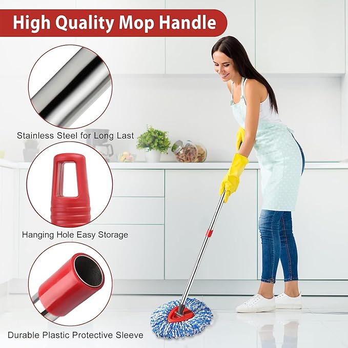 2 Spin Mop Head Replacement, 1 Base, 1 Mop Handle (30-58in) Combo Mops Set Compatible with O Cedar, Spin Mop's Refill Head Replacement for RinseClean 2-Tank System Microfiber Mops