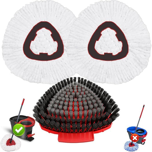 Spin Mop Head Replacement for O Cedar EasyWring 1-Tank System, 2 Mop Replace Heads + 1 Upgrade Scrubber Brush, 100% Microfiber Mop Refills Deep Cleaning Machine Washable
