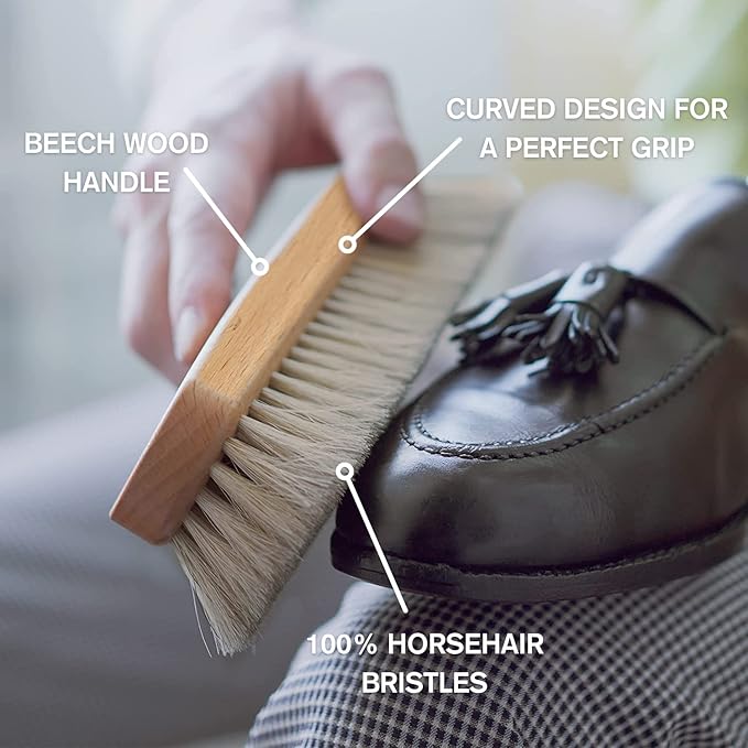 Premium Beige Horse Hair Brush - Horse Hair Shoe Brushes for Polishing, Cleaning & Buffing Leather Shoes - Boot Brush with Soft Bristles, Comfy Grip - Shoe Polish Brush Made of Beech Wood