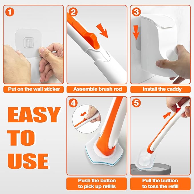 JEHONN Disposable Toilet Bowl Cleaner Wand with 40 Cleaner Refills, Wall Mounted Long Handle Compact Bathroom Scrub Brush Holder Set for Sink Bathtub Wash Basin Mop Pool (Orange)