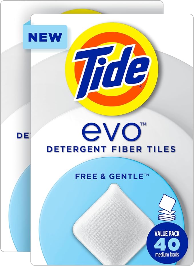 Tide Evo Free & Gentle Laundry Detergent Tiles, Fragrance-Free, 40 Medium Sized Loads, 40 ct, Easy to Use, Safe for All Machines and Water Conditions