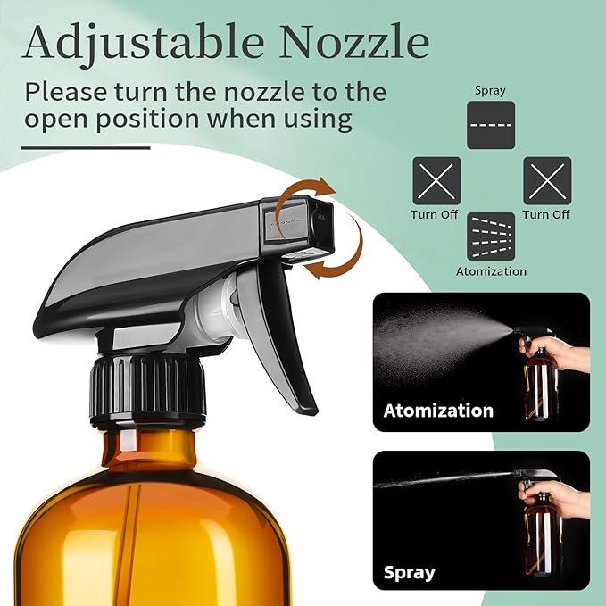 16oz Amber Glass Spray Bottles,4 Pack Glass Spray Bottles Refillable Empty Bottle with Adjustable Nozzle,Spray Bottle for Cleaning,Essential Oils,Cleaning,Pets,Plant, Hair Mister
