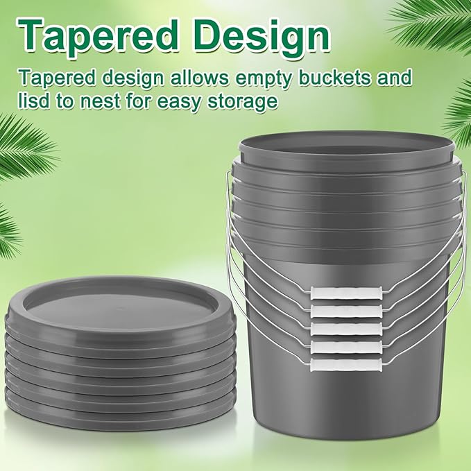 Tioncy 10 Pcs 2 Gallon Plastic Bucket with Lid Heavy Duty 2 Gallon Bucket Pail with Lid Handle for Storage Container Home Household Cleaning (Grey)