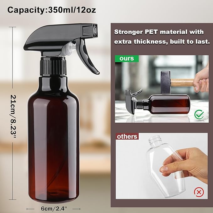 Spray Bottles 12oz Plastic Spray Bottle for Hair Mist/Stream Heavy Duty Empty Spray Bottles for Cleaning Solutions, Plants (12oz-Brown)