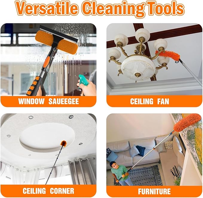 26FT High Reach Duster Cleaning Kit with Extension Pole, High Ceiling Fan Cleaner Duster Tool for Fan Blades, Window Washing Kit with Microfiber Feather Duster & Window Squeegee