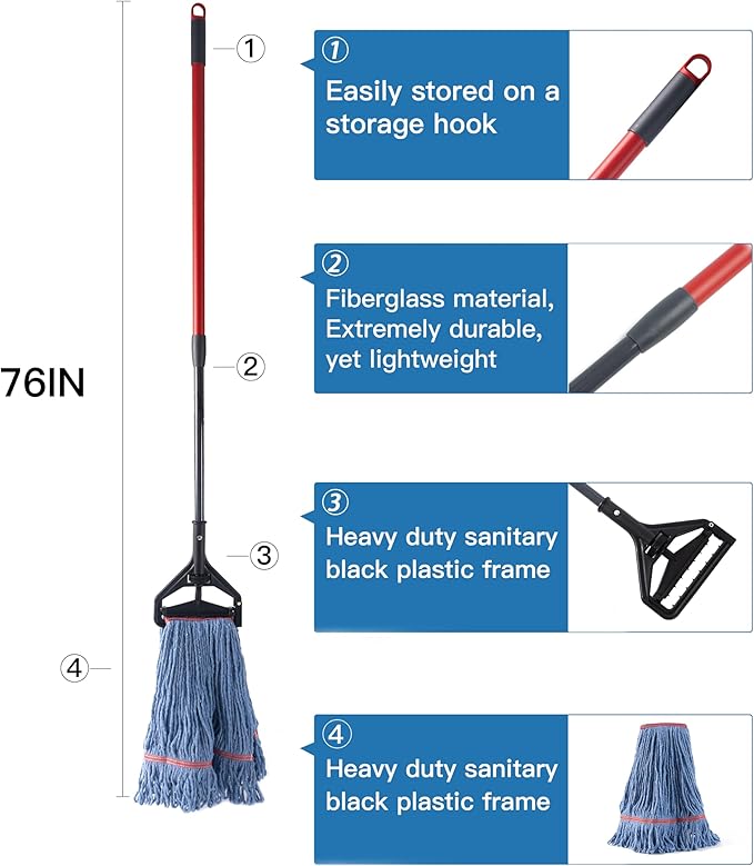 Matthew 2 Set&2 Replacement Commercial&Residential Mop Heavy Duty Industrial Mops w/Adjustable Side-Gate Handle(Quick-Change Gripper) Looped-End String Wet Cotton Mop for Home,Office,Workshop