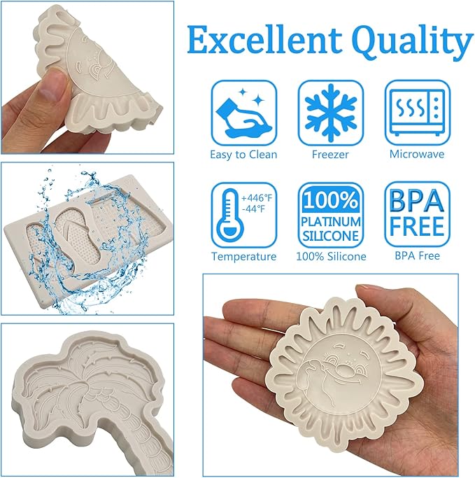 3 Pcs Hawaiian Coconut Tree Fondant Molds, Seaside Beach Sun Silicone Molds, Slipper Surf Shorts Clay Mold for Cake Decorating, Candy Chocolate Marzipan Resin Crafts, Summer Party, Halloween
