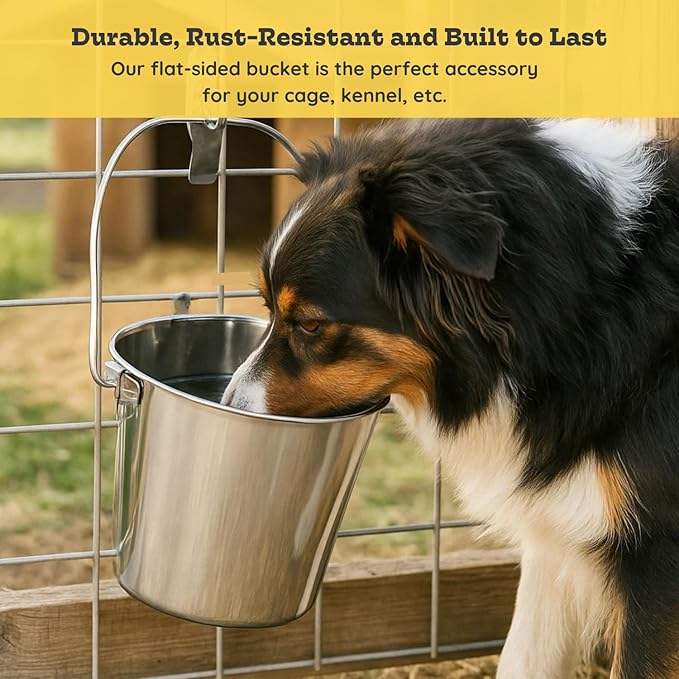 6 Quart Stainless Steel Flat Side Bucket | Durable Heavy Duty Food & Water Feeding Pails for Dog Cat Goat Sheep | Fits kennels Cages Critter Crates Hanging Pet Pail | Multipurpose Buckets