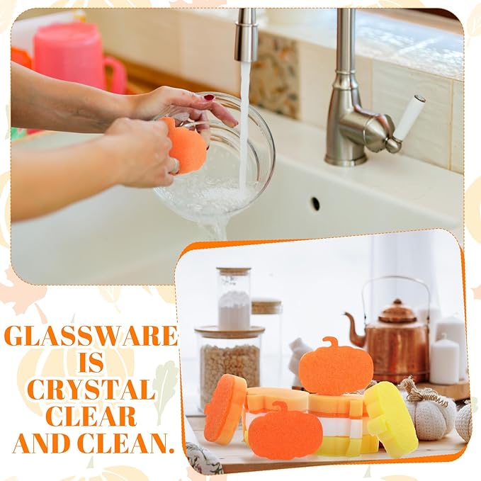 Tioncy 12 Pack Thanksgiving Pumpkin Kitchen Sponges Bulk Fall Dual Sided Scrubber Sponges Dishwashing Non Scratch for Kitchen Accessories Dish Scouring Orange, Yellow, Beige