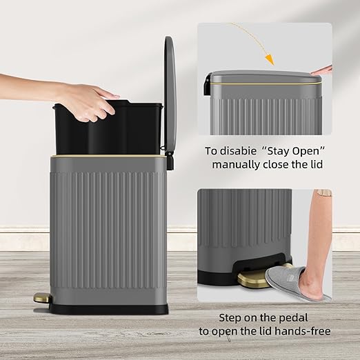 KUK Slim Bathroom Trash Can with Lid, 2.6 Gallon (10 L) Stainless Steel Step Small Garbage Can with Removable Inner Bucket, Soft Close, Anti-Fingerprint Finish (Gray)