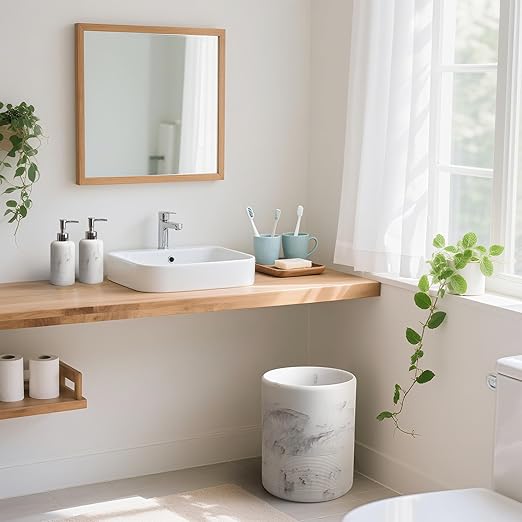 Modern Resin Trash Can Bin, Wastebasket for Bathroom, Kitchen, Office, Home, Marble White