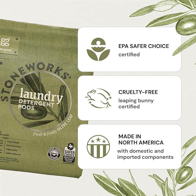 Grab Green Stoneworks Laundry Detergent Pods, Powered by Naturally-Derived Plant & Mineral-Based Powder Pods, Fragrance Free Rain, 50 Count (Pack of 1) Loads-EPA Safer Choice Certified