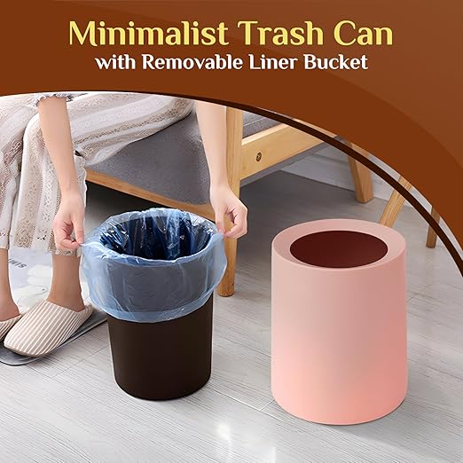 2 Pack Round Modern Trash Can Bedroom, 3Gal/12L Bathroom Trash Can Hidden Bag, Open Top Trash Bin Round Plastic, Minimalist Pink Garbage Can with Inner Bucket (with 2 Handles) for Kitchen Office
