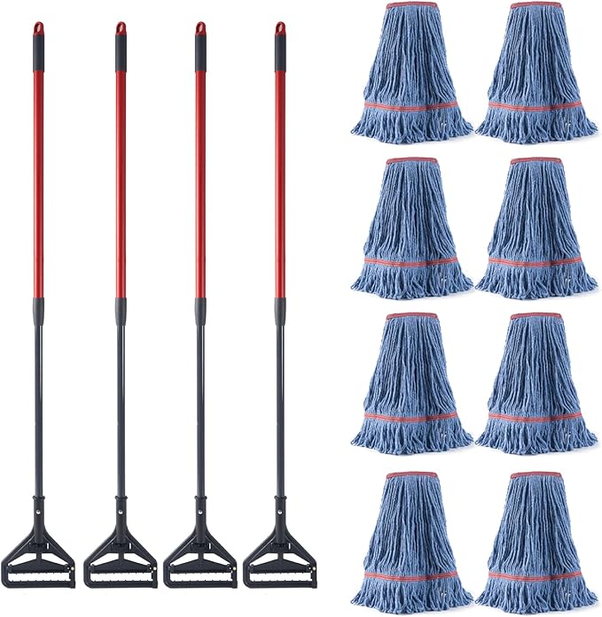 Matthew 4 Set&4 Replacement Commercial&Residential Mop Heavy Duty Industrial Mops w/Adjustable Side-Gate Handle(Quick-Change Gripper) Looped-End String Wet Cotton Mop for Home,Office,Warehouse