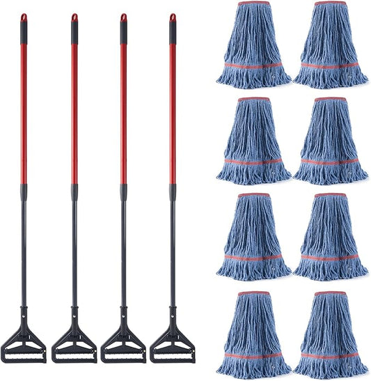 Matthew 4 Set&4 Replacement Commercial&Residential Mop Heavy Duty Industrial Mops w/Adjustable Side-Gate Handle(Quick-Change Gripper) Looped-End String Wet Cotton Mop for Home,Office,Warehouse
