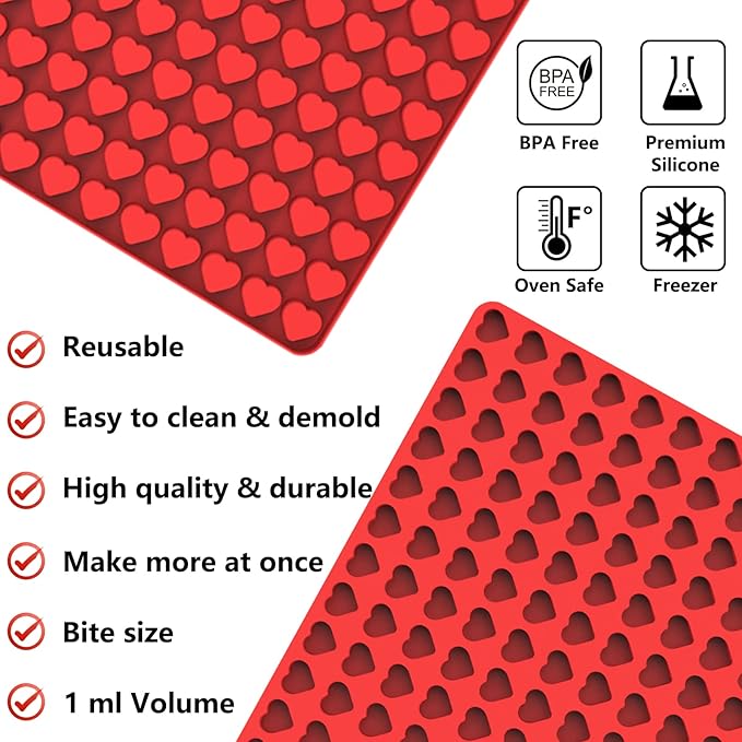 Mini Heart Silicone Mold, 150 Cavities Heart Shape Chocolate Molds for Homemade Candy/Fondant/Gummy/Jelly, Food Grade Hearts Mold for Fruit Snack/Pet Treats/Snacks Biscuits (with a Scraper)