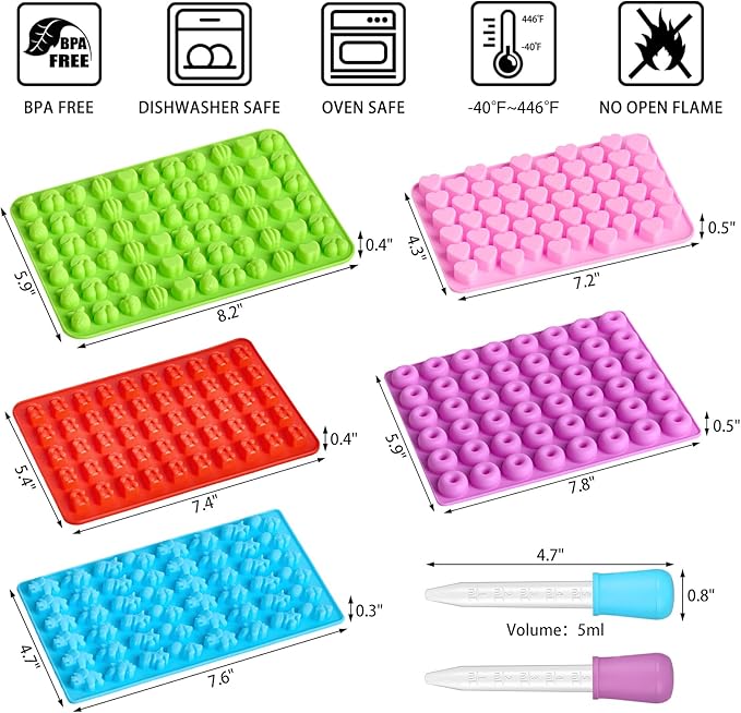 5 Pcs Mini Gummy Candy Molds with 2 Dropper, Silicone Bear Donut Dinosaur Fruit Snack Molds Non-stick and BPA Free Jello Candy Mold for Small Chocolate Gummies