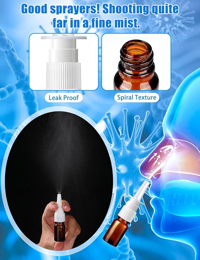 10 Pcs Nasal Spray Bottle, 5ML/0.17OZ 6 Pcs Brown Fine Mist Glass Empty Refillable Nasal Spray Bottle with 2 Pcs Funnels and 2 Pcs Labels