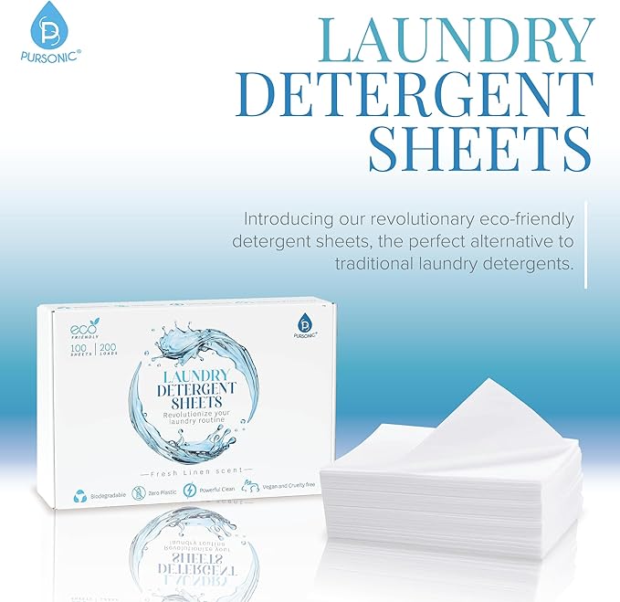 Pursonic Eco Laundry Detergent Sheets - 60 Sheet (120 Loads) Natural Zero Plastic Laundry Sheets with Powerful Cleaning Power - Travel Essentials, Quick-Dissolving & Mess-Free (Fresh Linen)