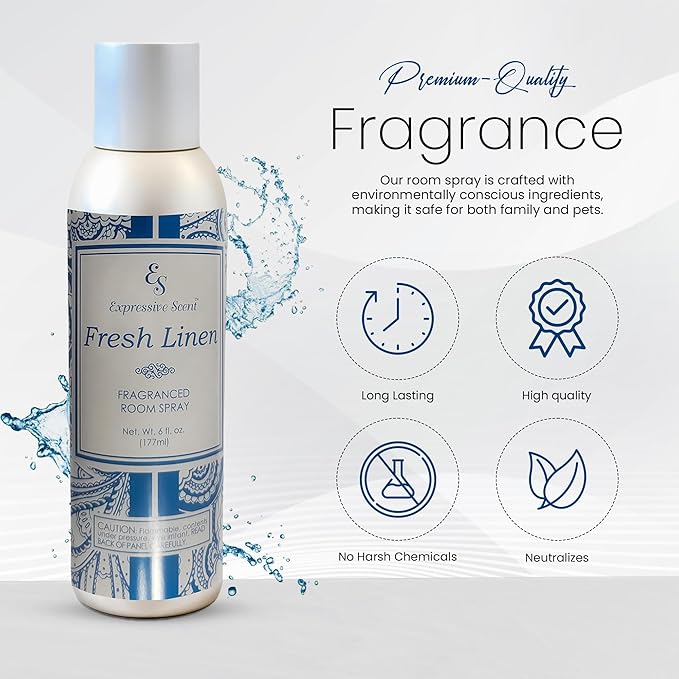 Expressive scents Aromatic Room Spray - Long Lasting fresh linen Air Freshener for Home & Office – Air Freshener for Bathroom & Small Spaces 6 FL Oz