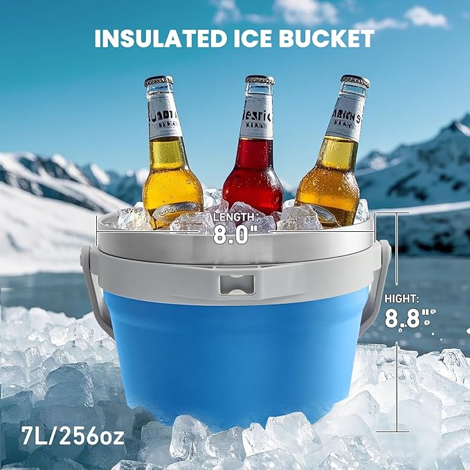 COKTIK 7L Insulated Ice Bucket with Lid，Double Wall Vacuum Stainless Steel Beverage Bucket Keeps Frozen Longer，Holds 6 Longnecks or 3 Bottles of Wine，for Cocktail, Champagne, Large Parties(Blue)