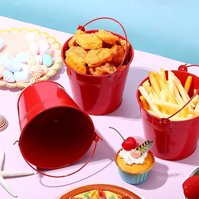 Rtteri 24 Pcs Metal Bucket 5 x 3.5 x 4.7 Inch Mini Party Buckets for Flower Pot Plant Basket Iron Small Metallic Pails with Handle for Container Candy Snack Crafts Vase Party Favors(Red)