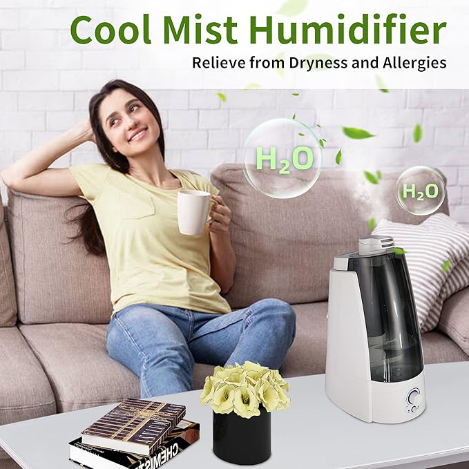 Cool Mist Humidifier for Office & Bedroom, 5L Top Fill Personal Humidifier with Adjustable Mist Mode, 2 Settings, Anion Technology, Ultra Quiet, Auto Shut-Off, Lasts Up to 15 Hours – Black