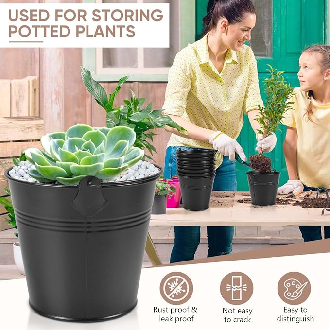 OBTANIM 7 Pack Black Metal Buckets with Handle Galvanized Ice Pails for Plants, Succulents, Party Favors Organizing, Rustic Home Decor or Classrooms Pencil Storage (5.1 x 3.6 inch)