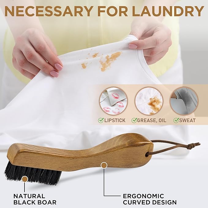 TAKAVU Stain Brush, Laundry Brush for Stain Removal, Natural Black Boar Bristle Cleaning Brush with Ergonomic Handle, Suitable for Delicate Fabrics Without Damage, Perfect Laundry, Shoes, Boots, Home