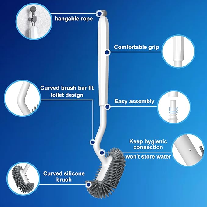 HAMITOR Toilet Bowl Brush Holder Set: Deep Cleaning Silicone Toilet Cleaner Scrubber Under Rim with Curved Bristle for Bathroom Dead Corner Clean - Modern Rv Toilet Decorative Accessories - White
